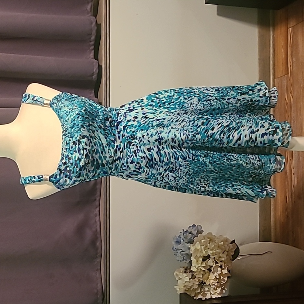 White House Black Market Elegant Blue Patterned Dress - Size 00 - Picture 2 of 11
